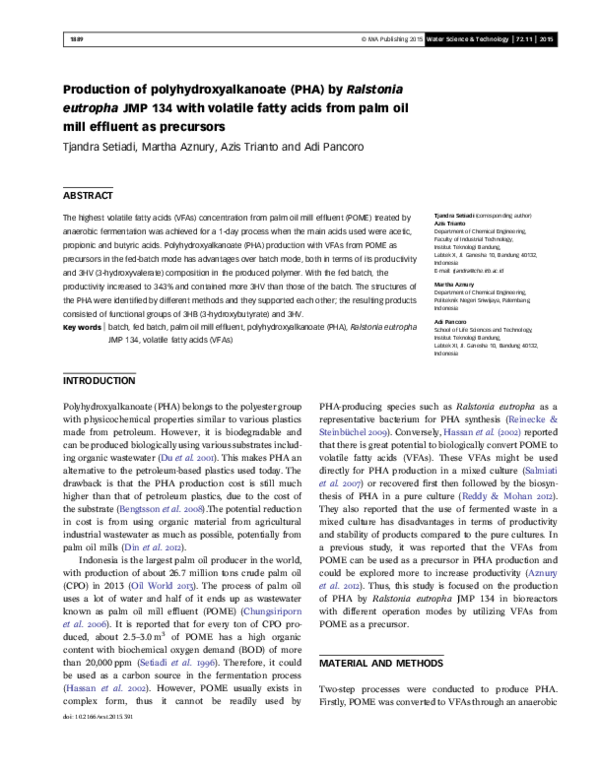 (PDF) Production of polyhydroxyalkanoate (PHA) by Ralstonia eutropha ...