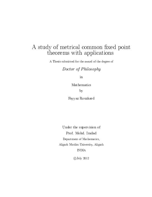 (PDF) A study of metrical common fixed point theorems with applications