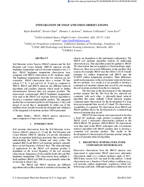 (PDF) Integration of SMAP and SMOS Observations