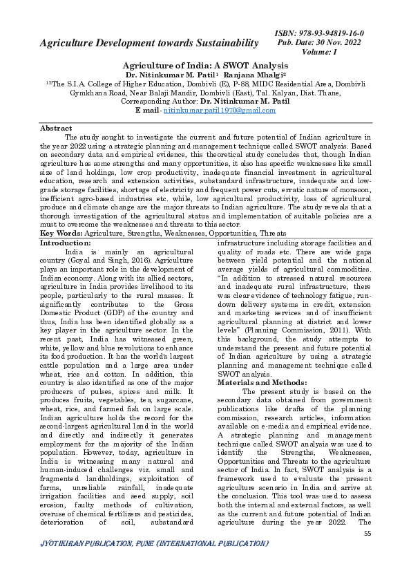 (PDF) Agriculture of India: A SWOT Analysis