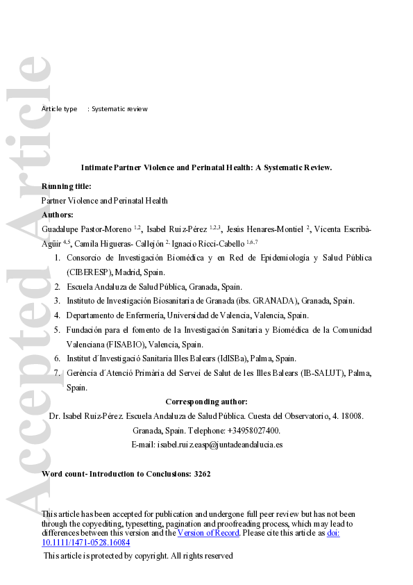(PDF) Intimate partner violence and perinatal health: a systematic review