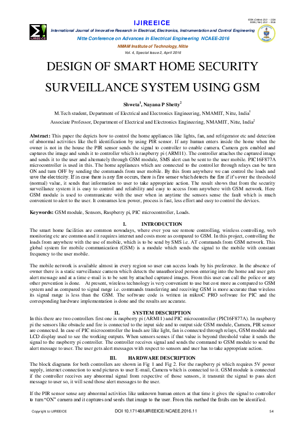 (PDF) Design Of Smart Home Security Surveillance System Using GSM
