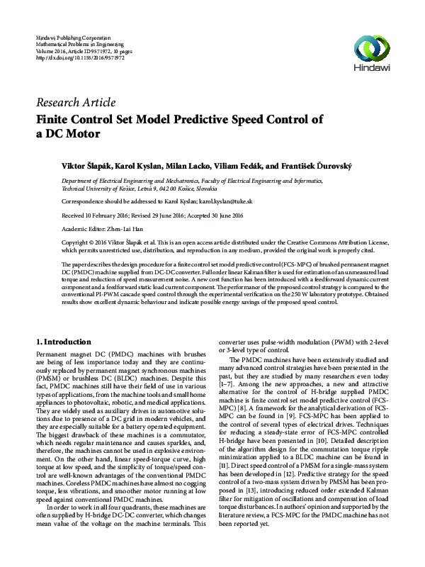 (PDF) Finite Control Set Model Predictive Speed Control of a DC Motor