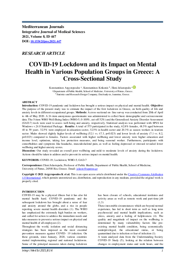 (PDF) COVID-19 Lockdown and its Impact on Mental Health in Various ...