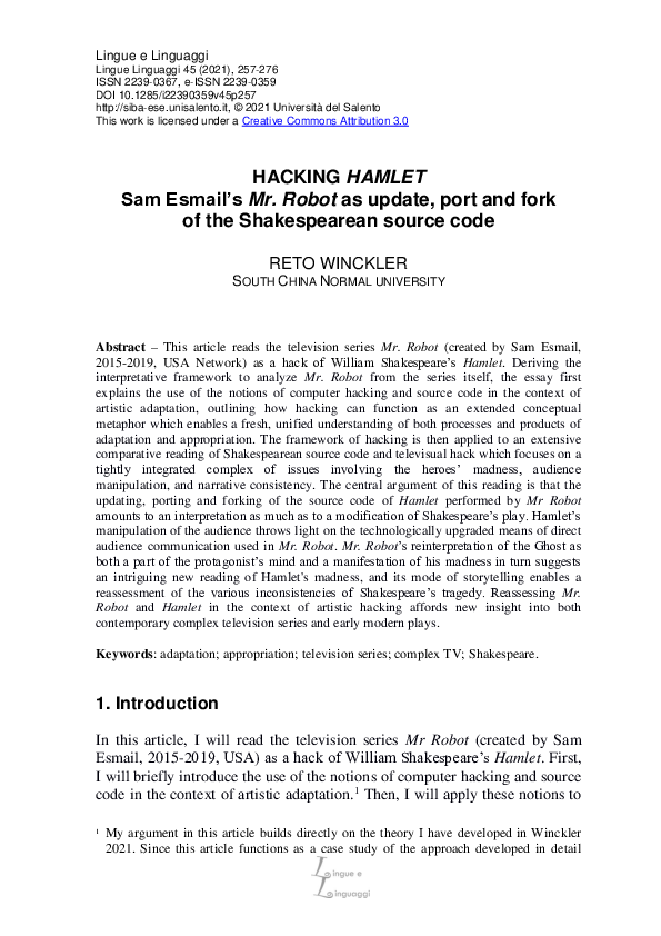 (PDF) Hacking Hamlet. Sam Esmail’s ‘Mr. Robot’ as Update, Port and Fork ...