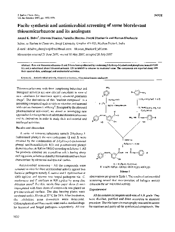 (PDF) Facile synthesis and antimicrobial screening of some biorelevant ...