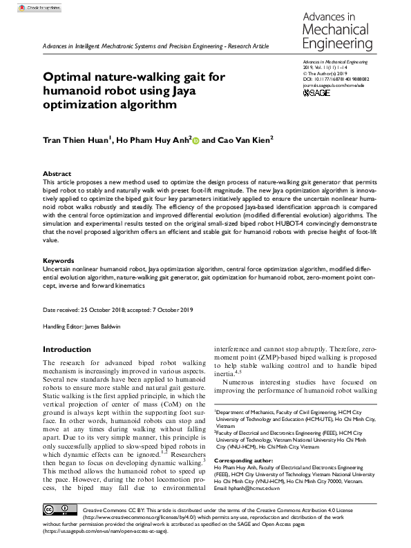 (PDF) Optimal nature-walking gait for humanoid robot using Jaya ...