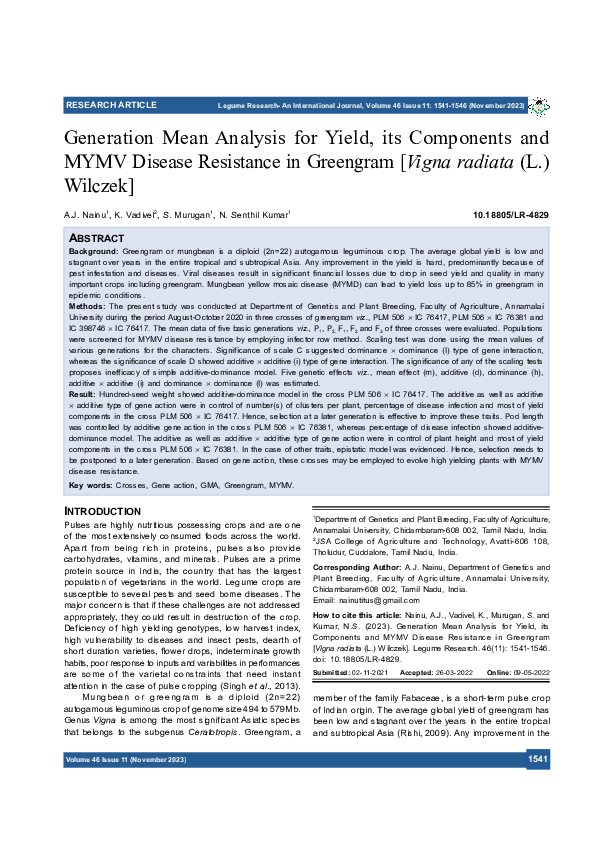 (PDF) Generation Mean Analysis for Yield, its Components and MYMV ...