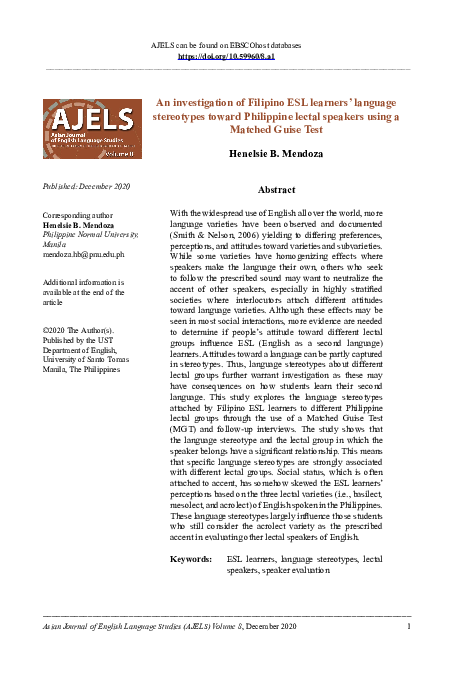 (PDF) An investigation of Filipino ESL learners’ language stereotypes ...