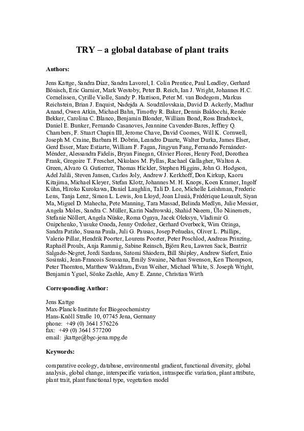 (PDF) TRY – a global database of plant traits