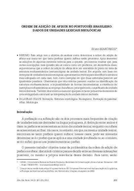 (PDF) Ordem de adição de afixos no português brasileiro: dados de ...