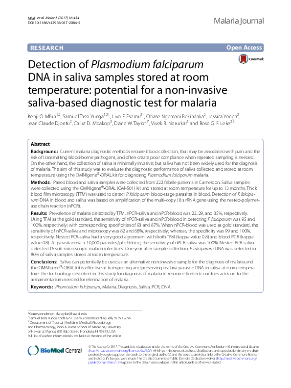 (PDF) Detection of Plasmodium falciparum DNA in saliva samples stored ...