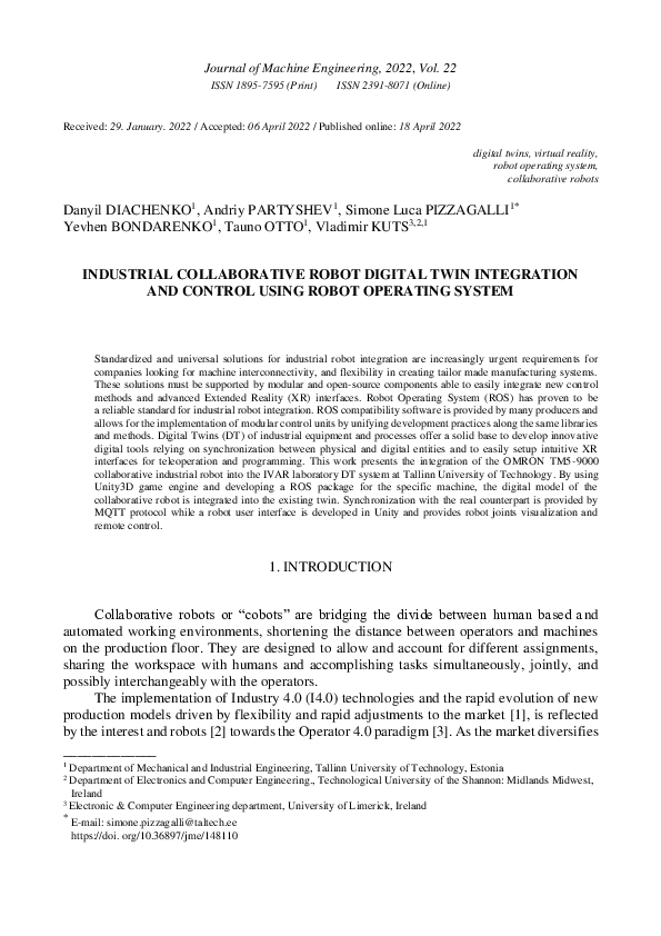 (PDF) Industrial Collaborative Robot Digital Twin integration and ...