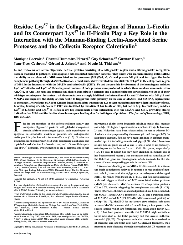 Residue Lys57 in the Collagen-Like Region of Human L-Ficolin and Its Counterpart Lys47 in H-Ficolin Play a Key Role in the Interaction with the Mannan-Binding Lectin-Associated Serine Proteases and the Collectin Receptor Calreticulin