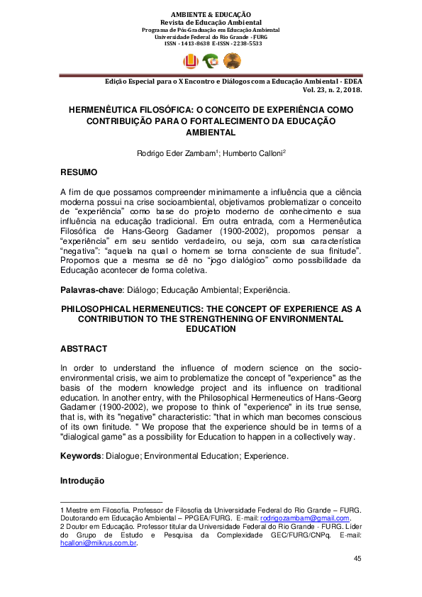 Hermenêutica Filosófica: O Conceito De Experiência Como Contribuição Para O Fortalecimento Da Educação Ambiental