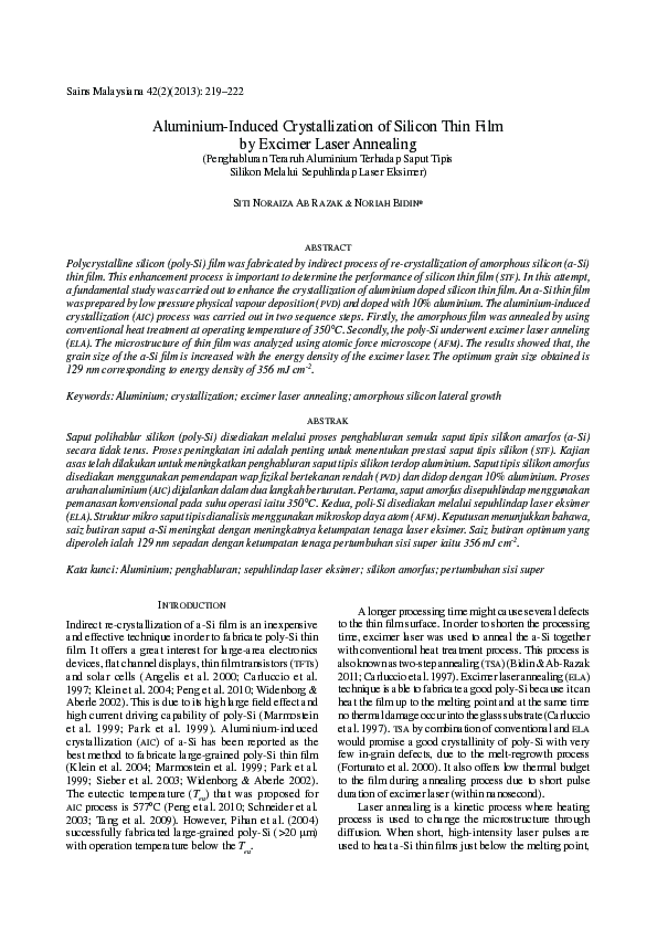 (PDF) Aluminium-induced crystallization of silicon thin film by excimer ...