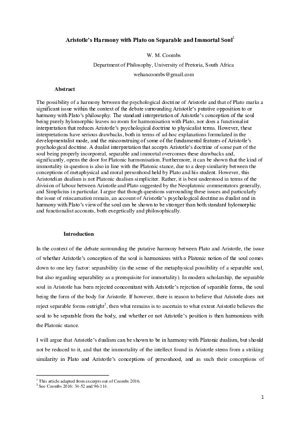 (PDF) Aristotle’s harmony with Plato on separable and immortal soul
