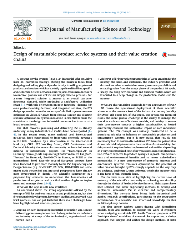 (PDF) Design of sustainable product service systems and their value ...