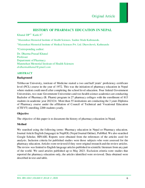 (PDF) History of Pharmacy Education in Nepal