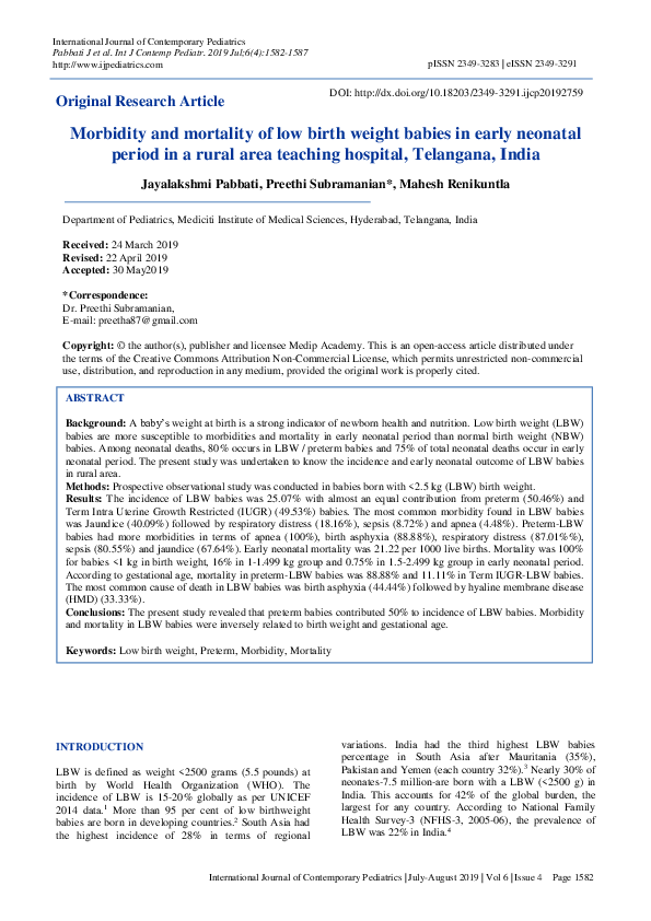 (PDF) Morbidity and mortality of low birth weight babies in early ...