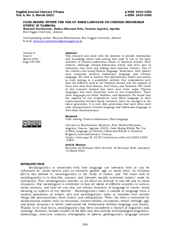 (PDF) Code-Mixing Within the Use of Khek Language on Chinese-Indonesian ...