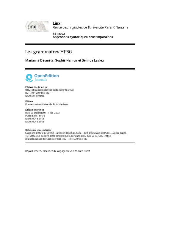(PDF) Les grammaires HPSG