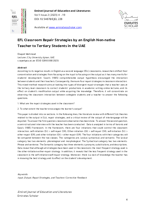 (PDF) EFL Classroom Repair Strategies by an English Non-native Teacher ...
