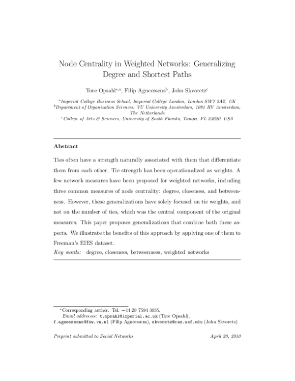 (PDF) Node centrality in weighted networks: Generalizing degree and ...