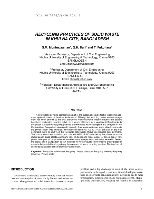 (PDF) Recycling Practices of Solid Waste in Khulna City, Bangladesh