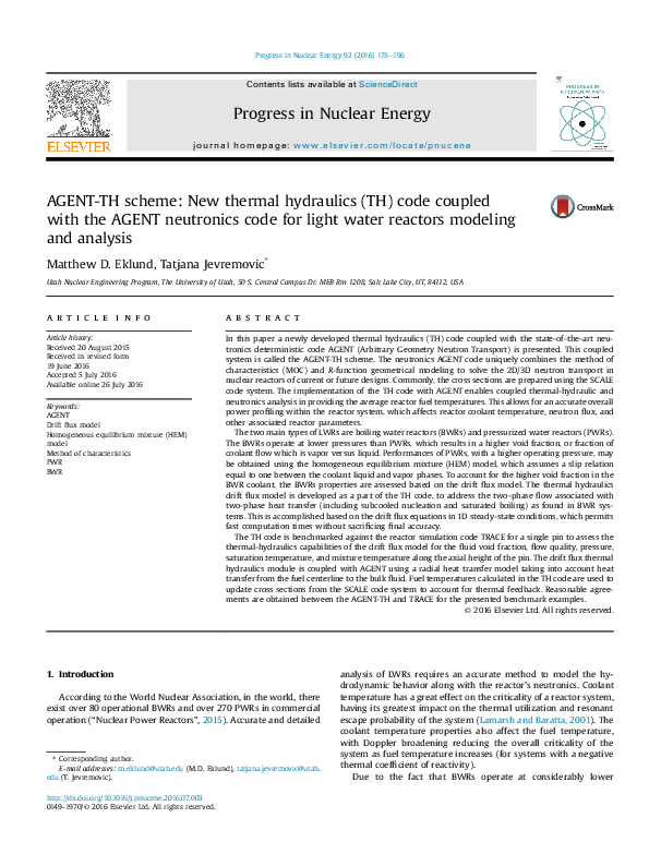 (PDF) AGENT-TH scheme: New thermal hydraulics (TH) code coupled with ...