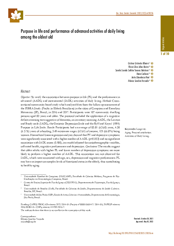 (PDF) Purpose in life and performance of advanced activities of daily ...