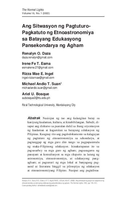 (PDF) Ang Sitwasyon ng Pagtuturo-Pagkatuto ng Etnoastronomiya sa ...