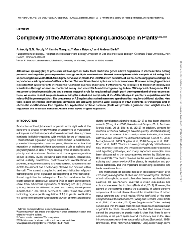 (PDF) Complexity of the Alternative Splicing Landscape in Plants