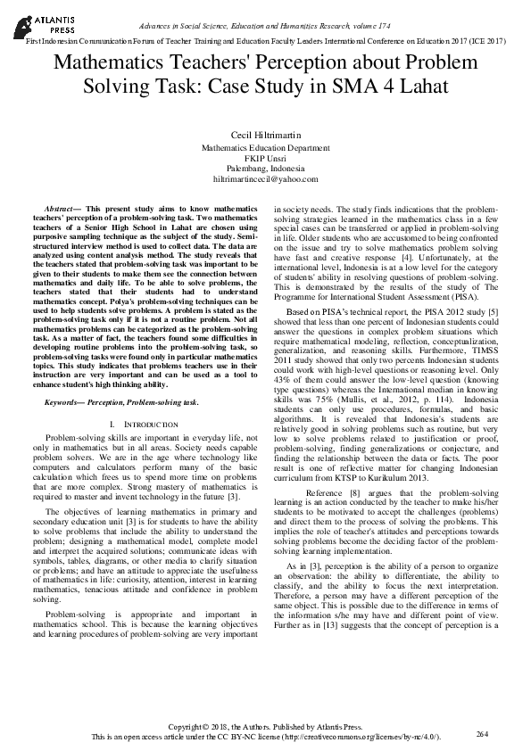 Pdf Mathematics Teachers Perception About Problem Solving Task Case