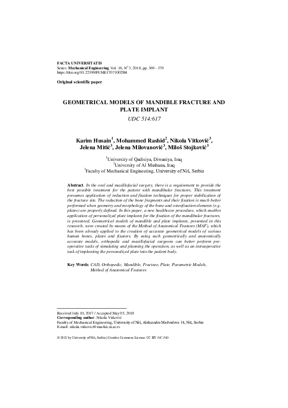 (PDF) Geometrical Models of Mandible Fracture and Plate Implant