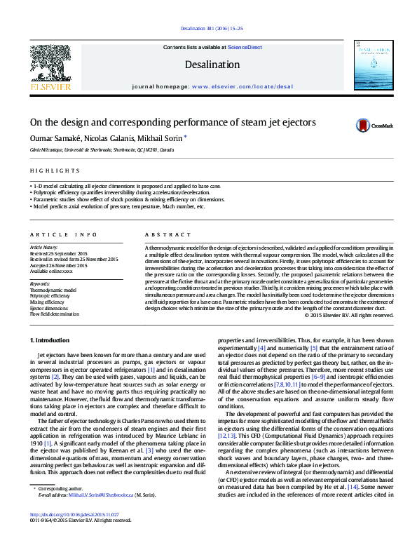 (PDF) On the design and corresponding performance of steam jet ejectors