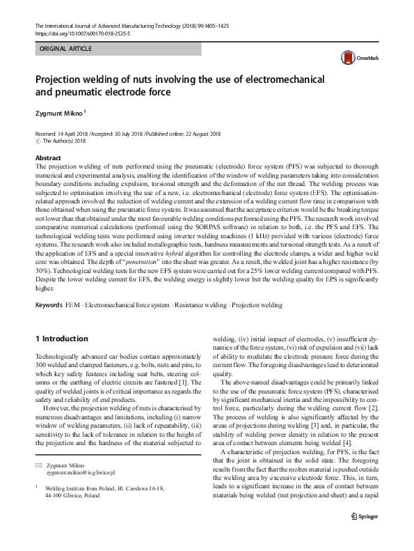 (PDF) Projection welding of nuts involving the use of electromechanical ...