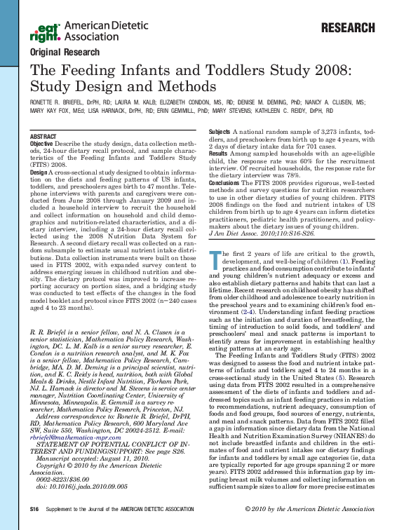 (PDF) The Feeding Infants and Toddlers Study 2008: Study Design and Methods