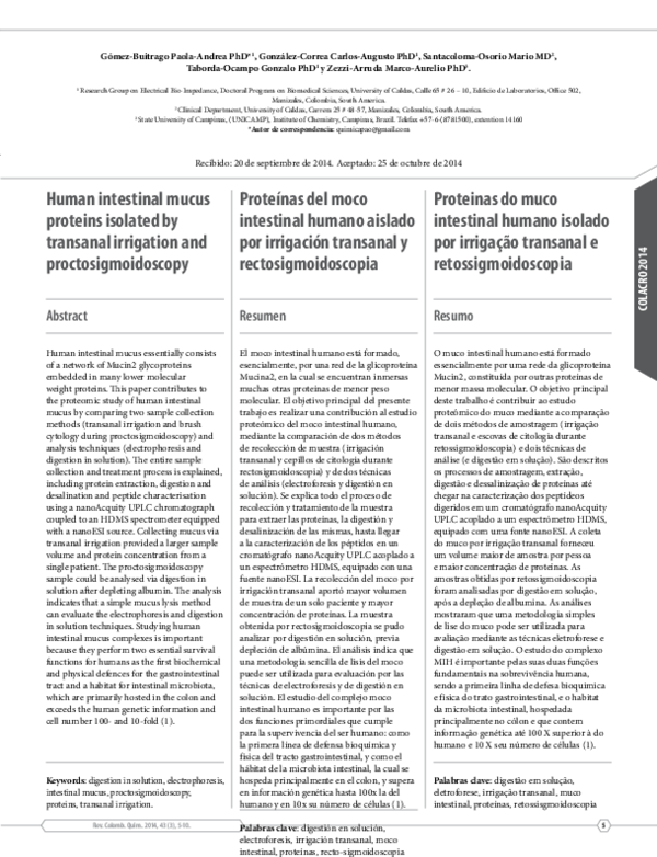 (PDF) Proteínas del moco intestinal humano aislado por irrigación ...