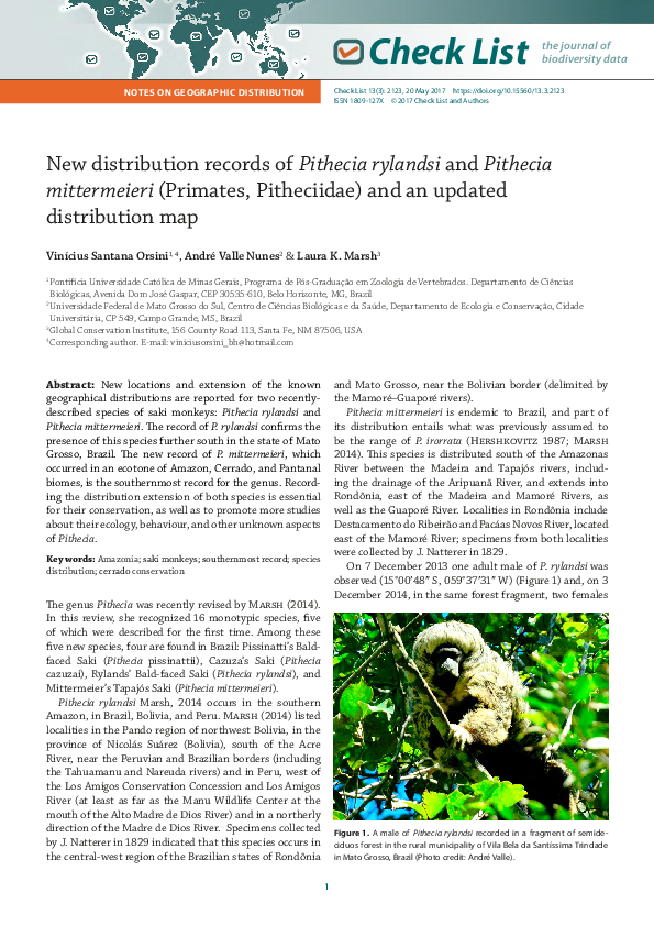 (PDF) New distribution records of Pithecia rylandsi and Pithecia ...
