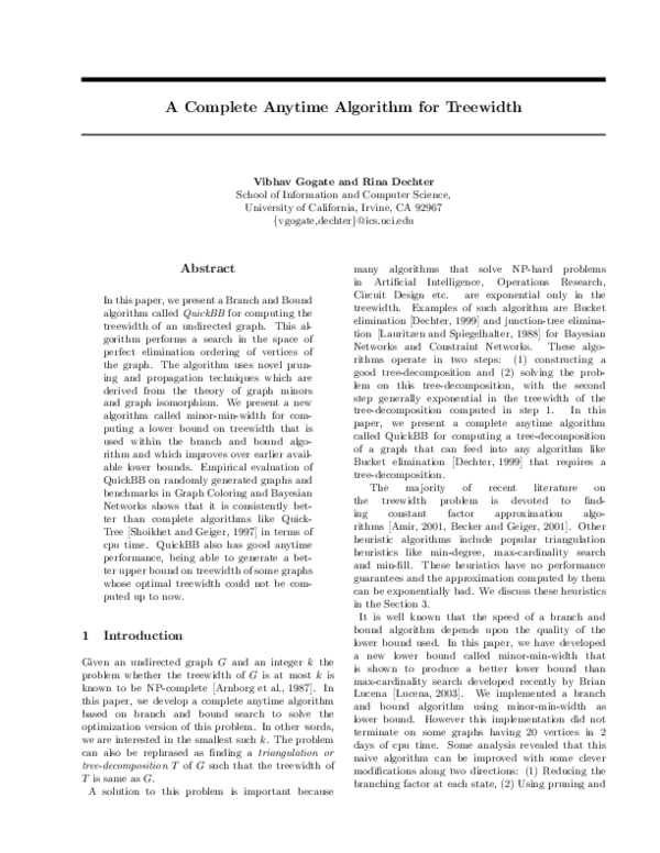(PDF) A complete anytime algorithm for treewidth