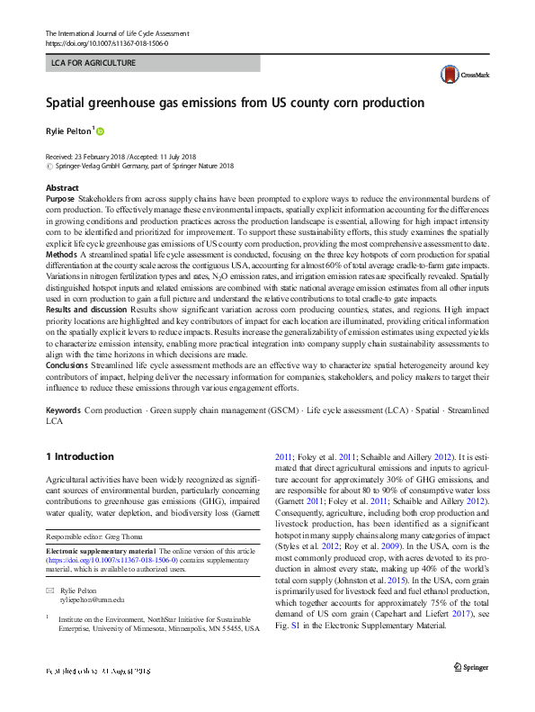 (PDF) Spatial greenhouse gas emissions from US county corn production