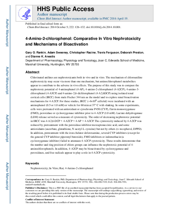 (PDF) 4-Amino-2-chlorophenol: Comparative in vitro nephrotoxicity and ...