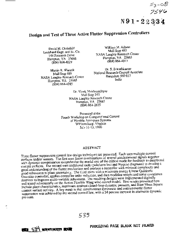 (PDF) Design and test of three active flutter suppression controllers
