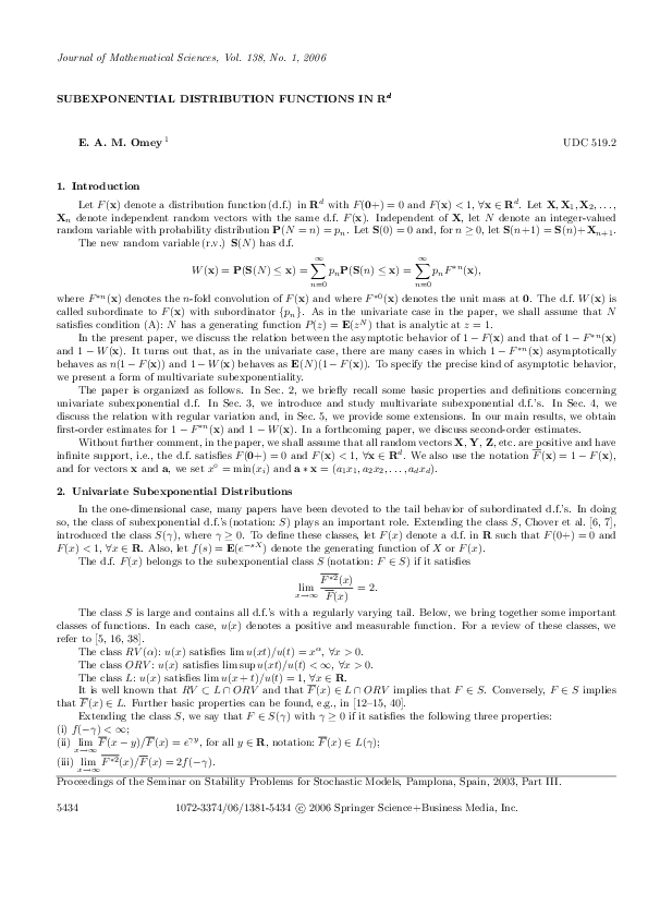 (PDF) Subexponential distribution functions in Rd