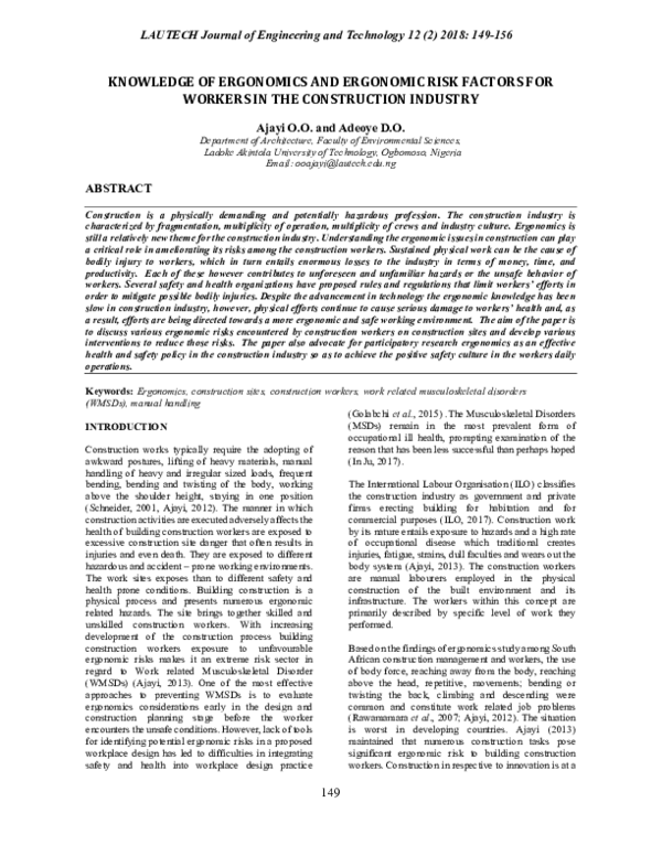 (PDF) Knowledge of Ergonomics and Ergonomic Risk Factors for Workers in ...