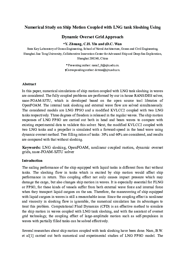 (PDF) Numerical Study on Ship Motion Coupled with LNG tank Sloshing ...