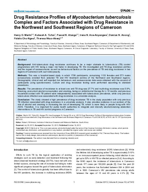 (PDF) Drug Resistance Profiles of Mycobacterium tuberculosis Complex ...
