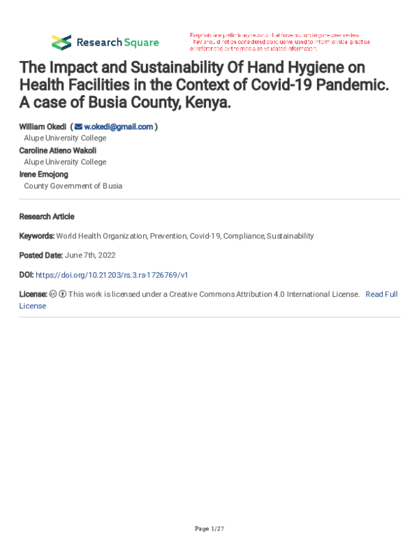 (PDF) The Impact and Sustainability Of Hand Hygiene on Health ...