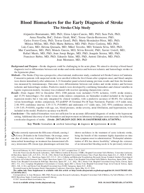 (PDF) Blood Biomarkers for the Early Diagnosis of Stroke